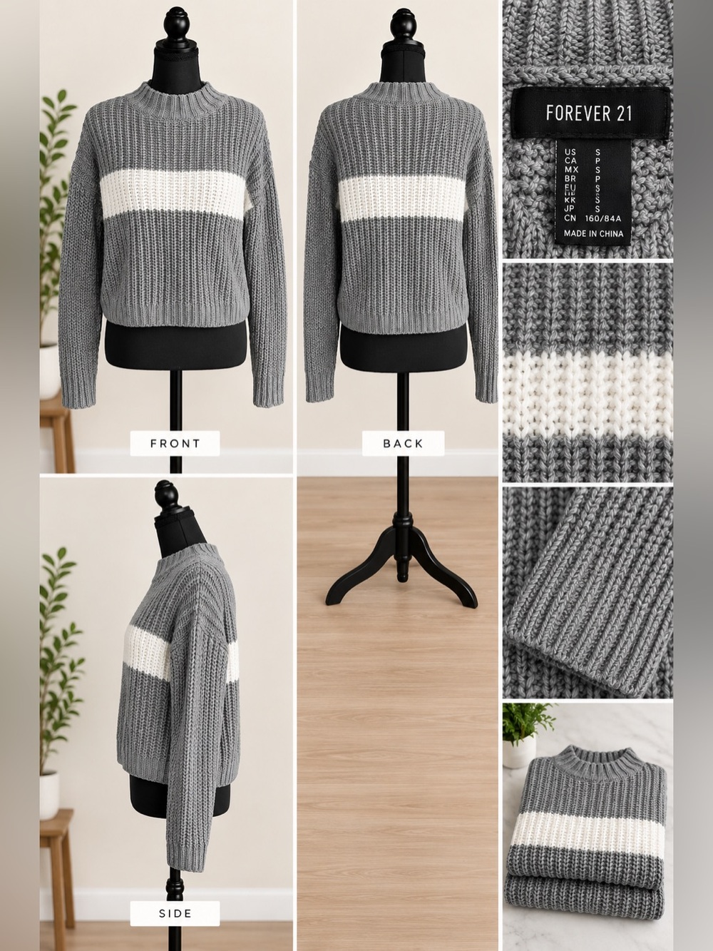 Forever 21 Gray and White Striped Crewneck Sweater